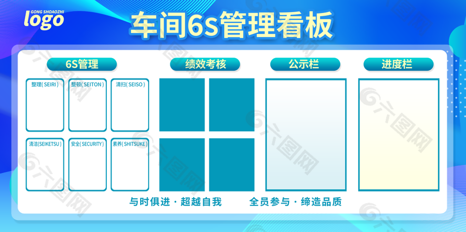 蓝色弥散风车间6S管理宣传公告栏素材下载