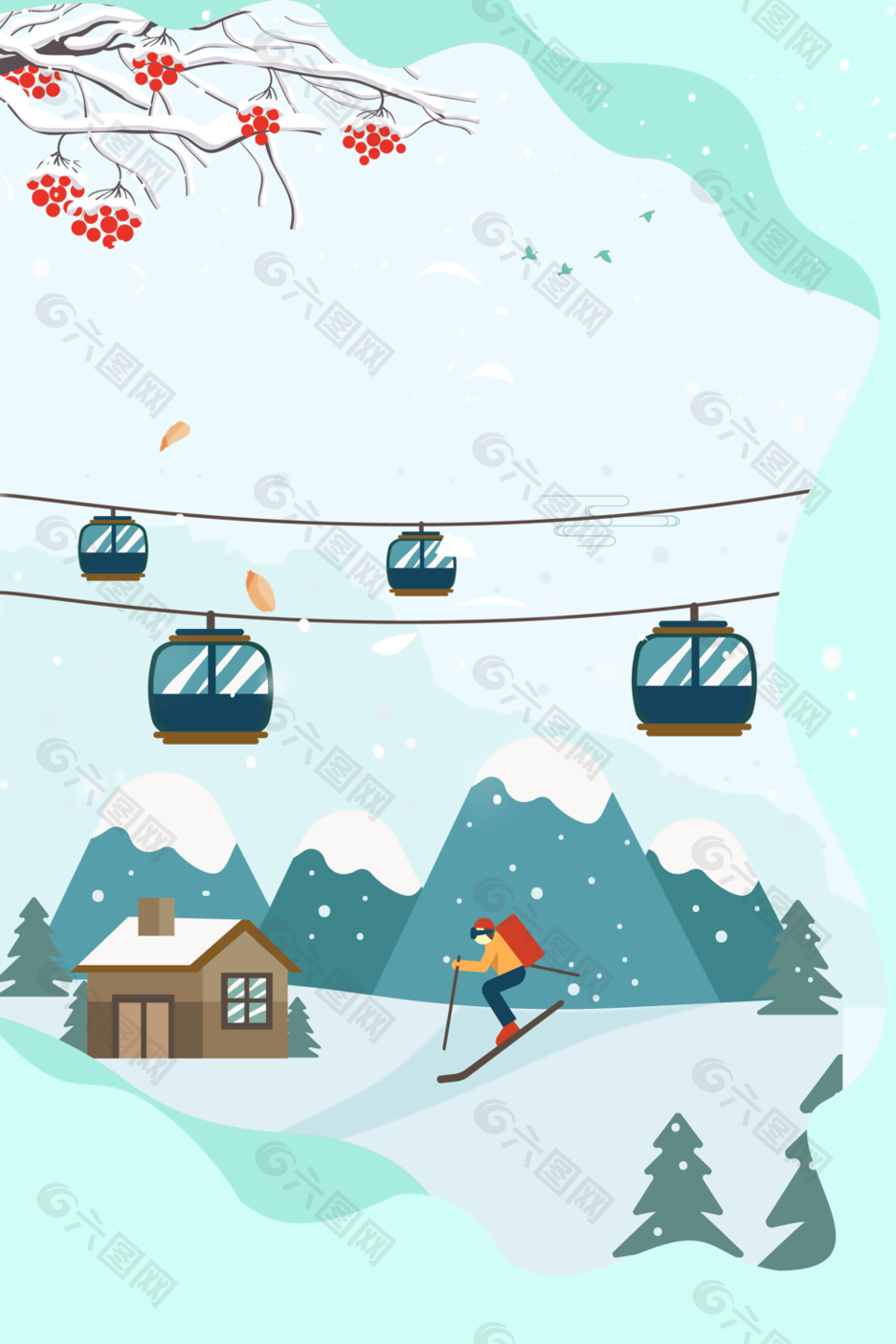 精美手绘插画风冬日滑雪H5背景图下载