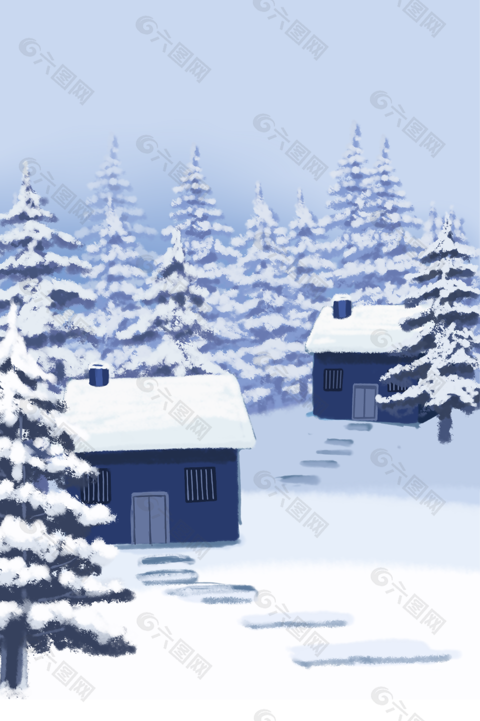 简约手绘风冬天小屋雪景H5背景图设计