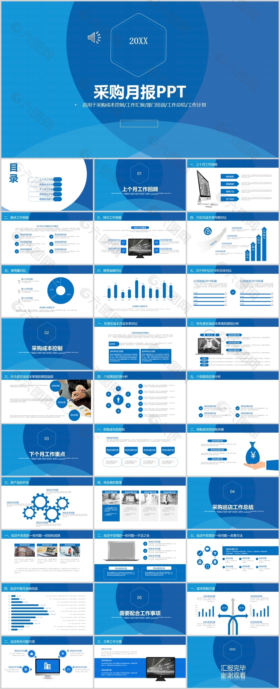 蓝色大气采购月度工作汇报PPT模板