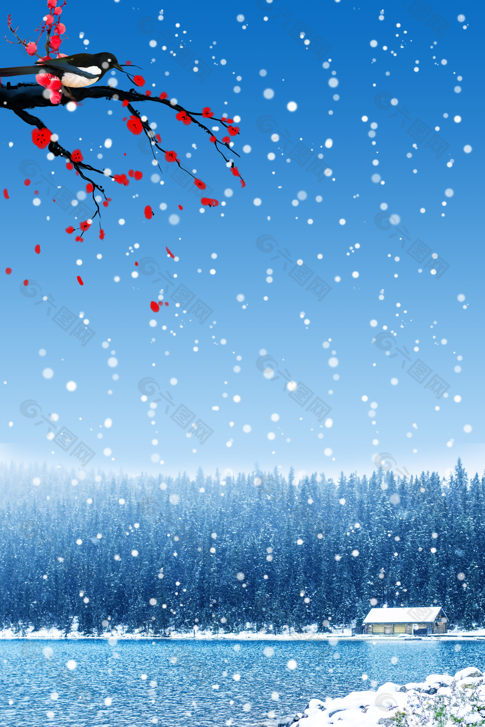 蓝色唯美湖边冬季雪景H5背景图下载