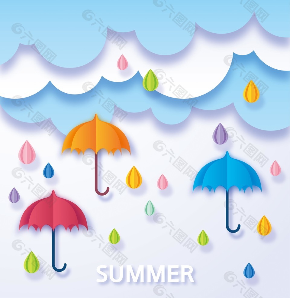 夏日雨季创意剪纸风格海报