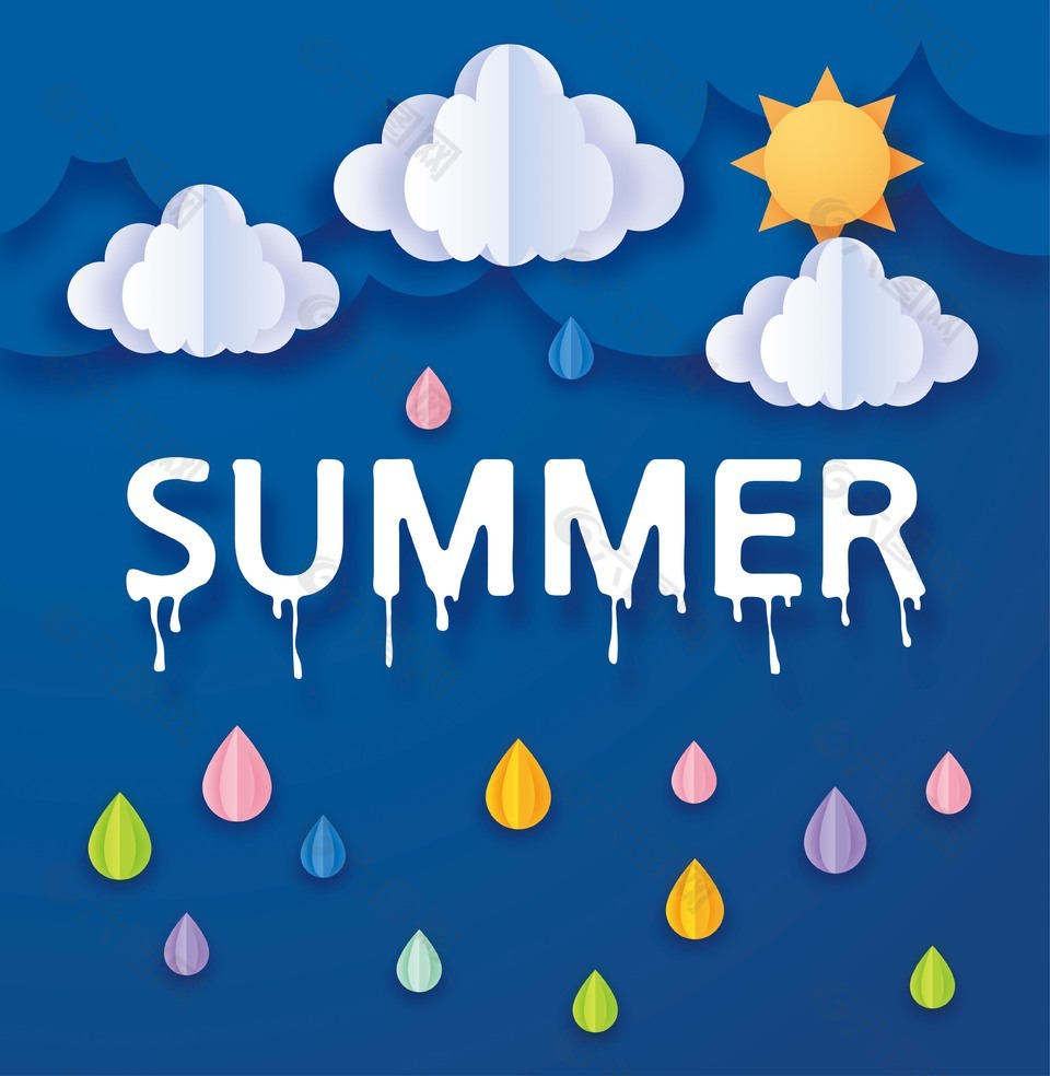 剪纸风格夏日雨季海报