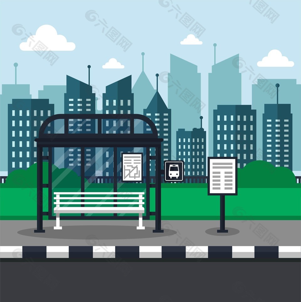 卡通绿色城市风景插画