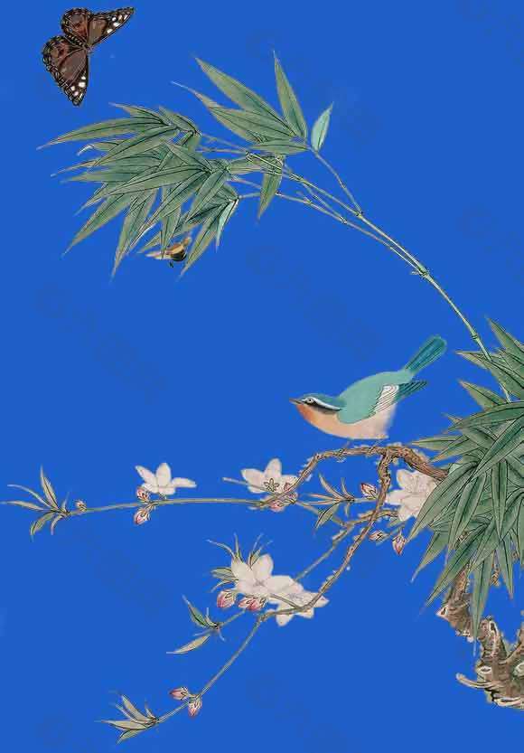 蓝色静谧手绘竹叶背景图