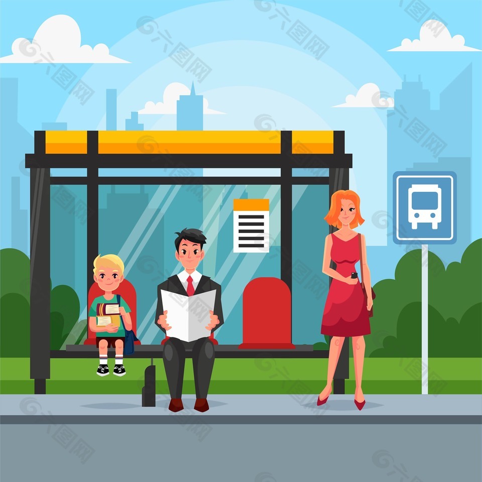 巴士公交站台城市插画