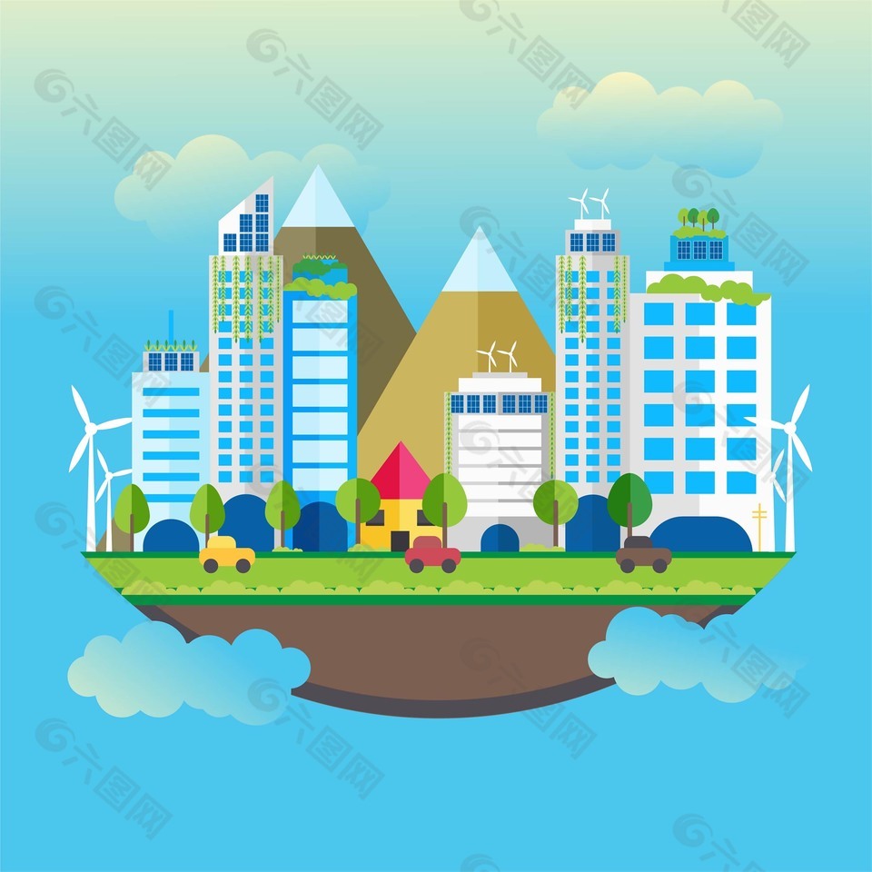 蓝色小清新城市高楼建筑风景画