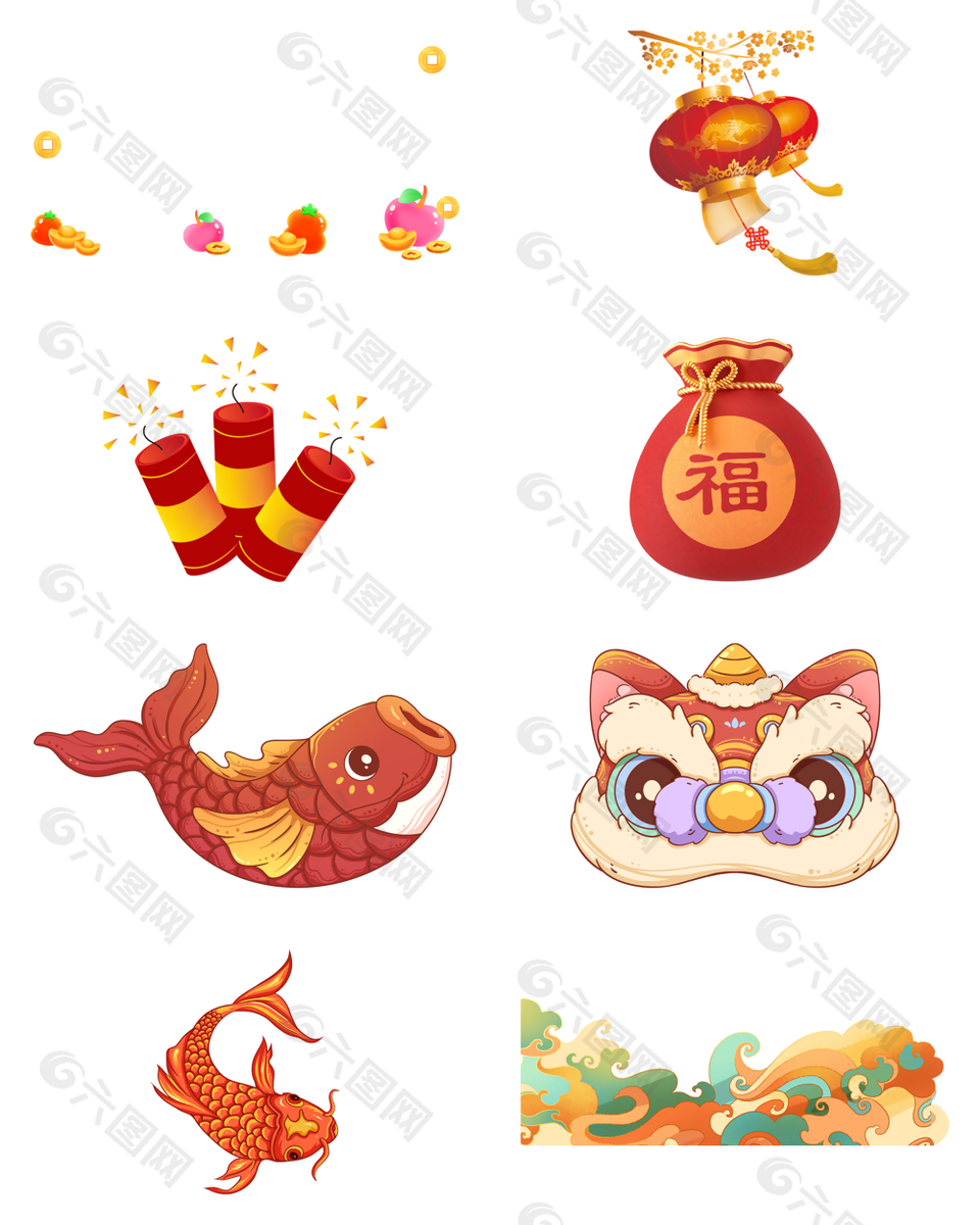 精美国风锦锂福袋狮头帽春节元素设计