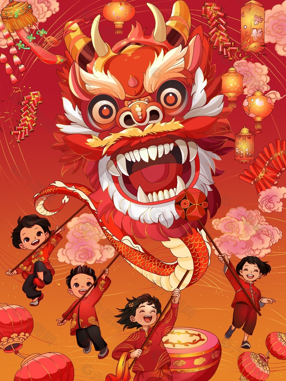 龙年舞狮红色创意插画背景