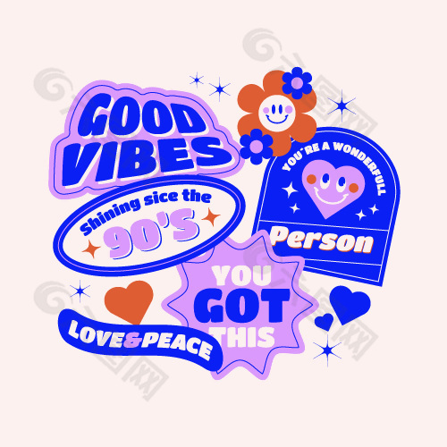 蓝色主题趣味矢量字母贴纸