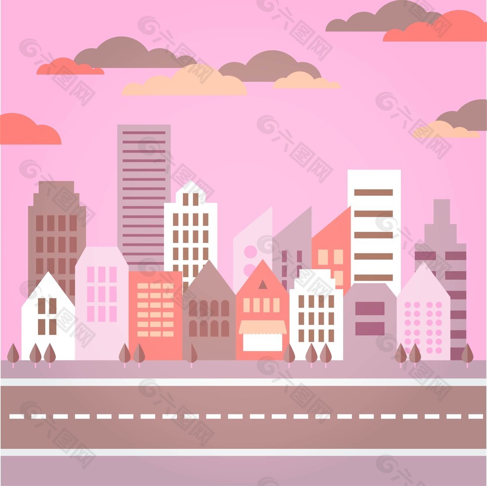 粉色背景城市建筑风景插画