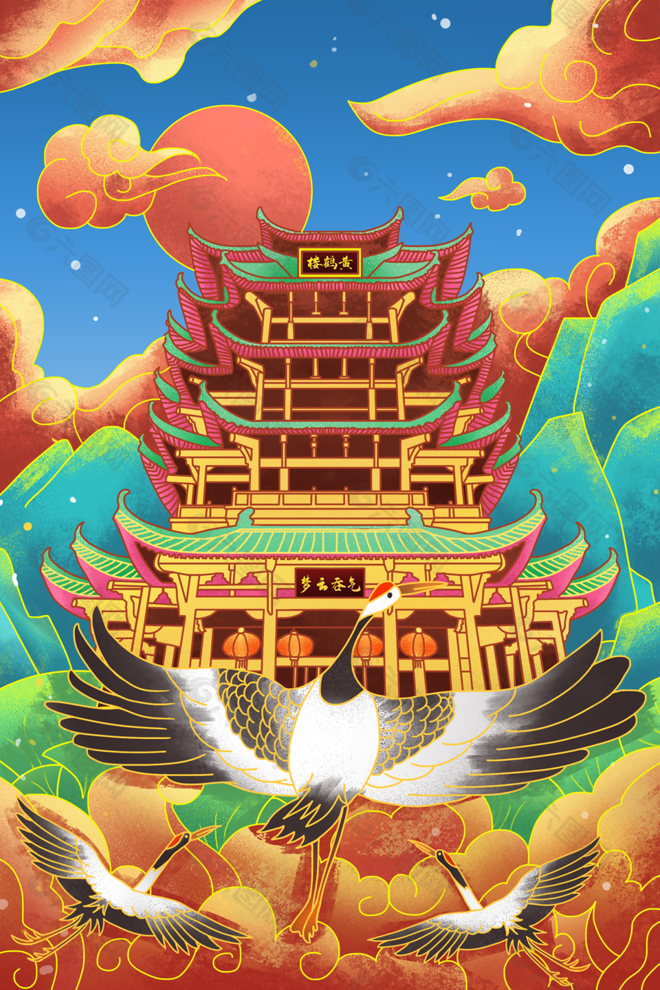 精美国潮古建筑地标黄鹤楼素材下载