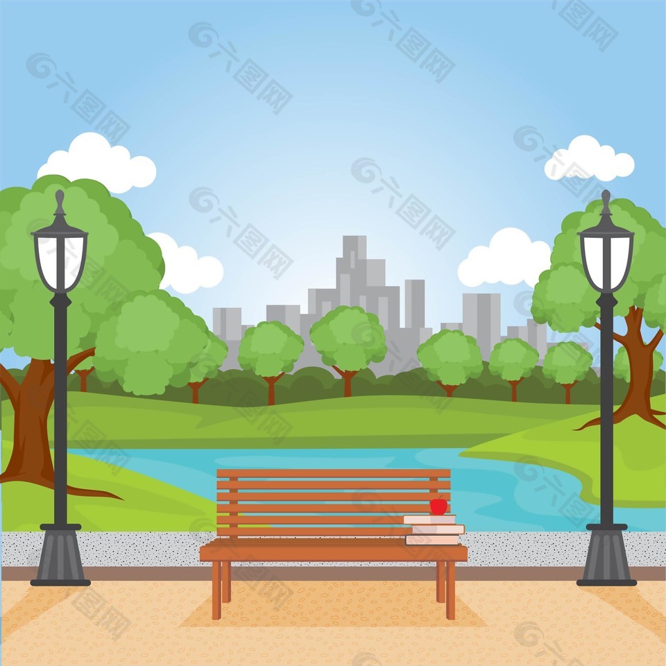 城市公园长椅风景插画
