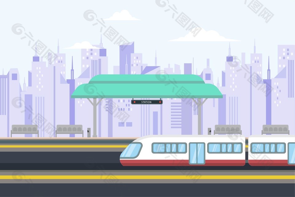 城市交通列车站风景画