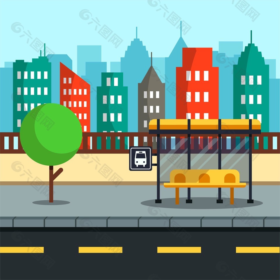 城市彩色建筑公交站台风景