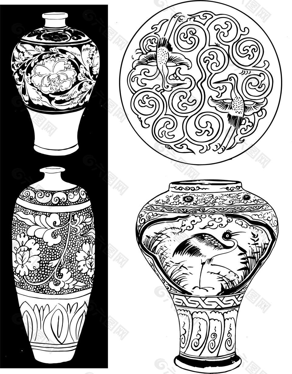 古代瓷器花纹纹样插画