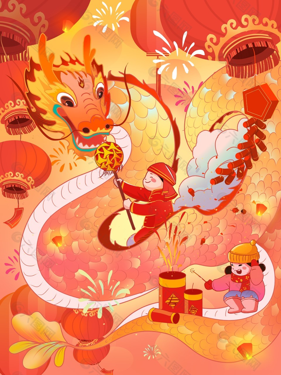龙年新春节日氛围插画素材