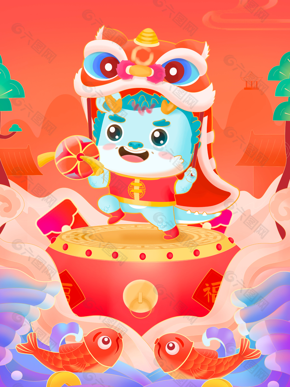 新春大吉龙年手绘卡通插画