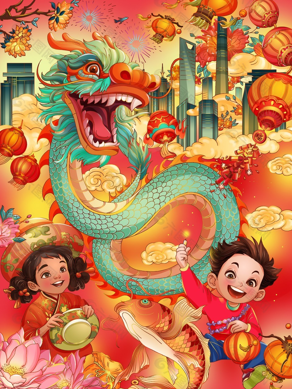 迎新春过大年趣味龙年插画