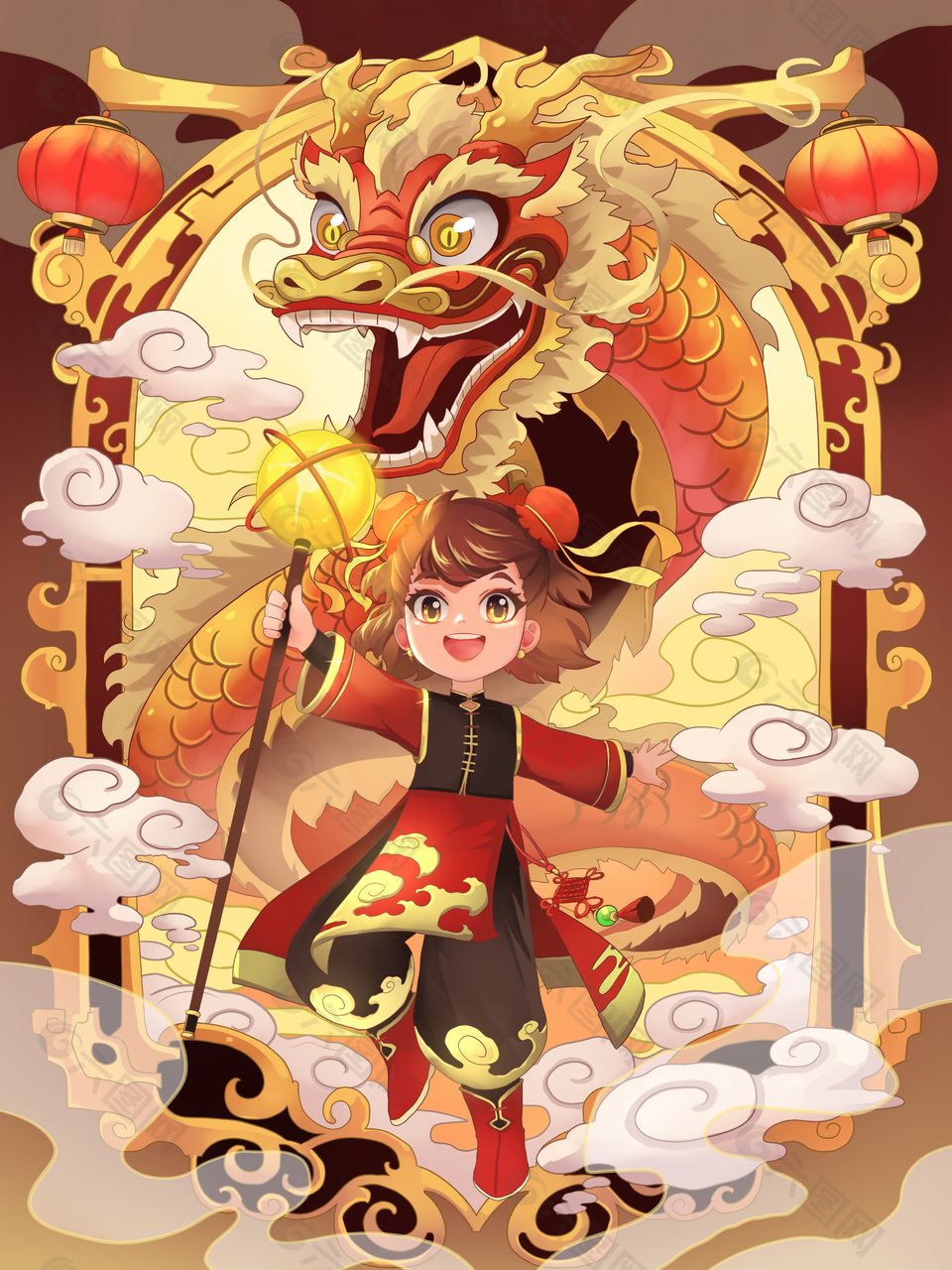 龙年新春国潮插画模板