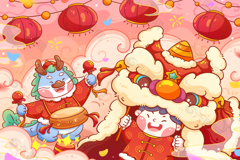 龙年新春节日卡通插画模板