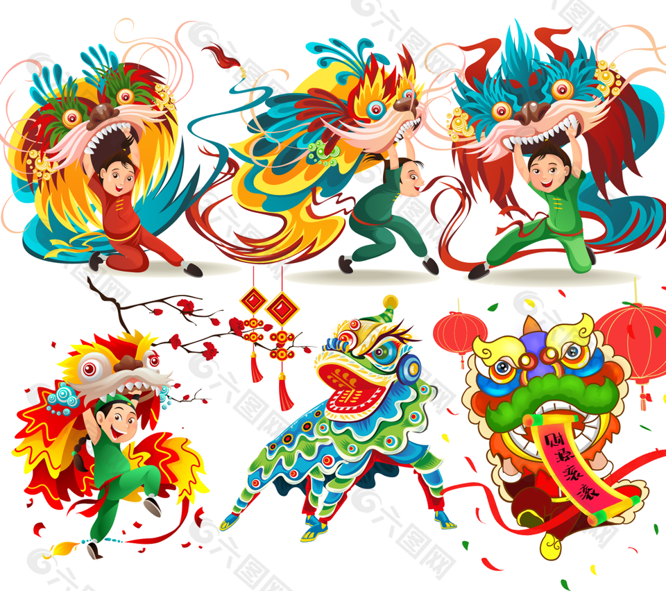 国潮风精美舞龙舞狮春节插画元素设计