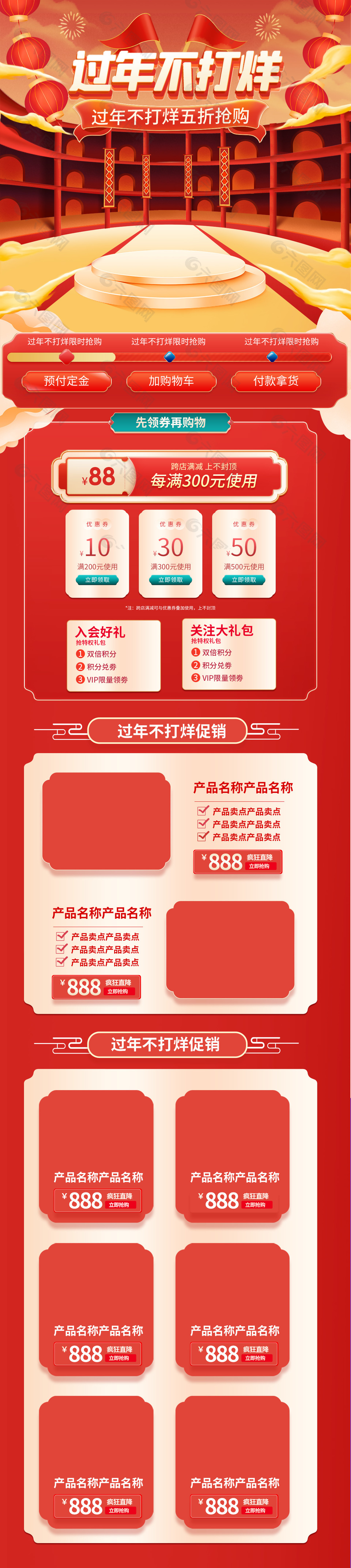 新春年货节促销红色中国风电商首页设计