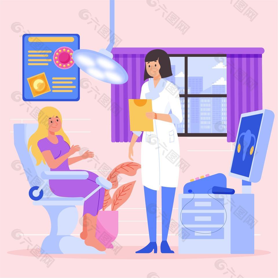 卡通怀孕妇女检查插画设计