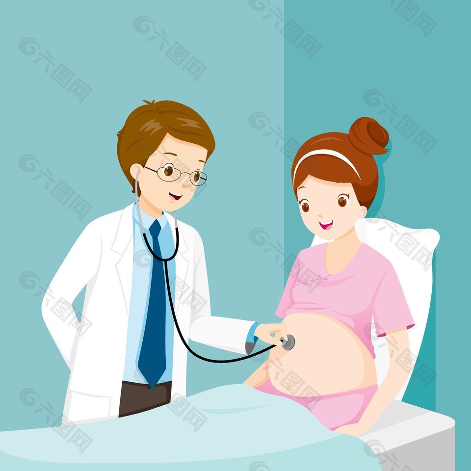 孕妇孕检听胎心卡通插画