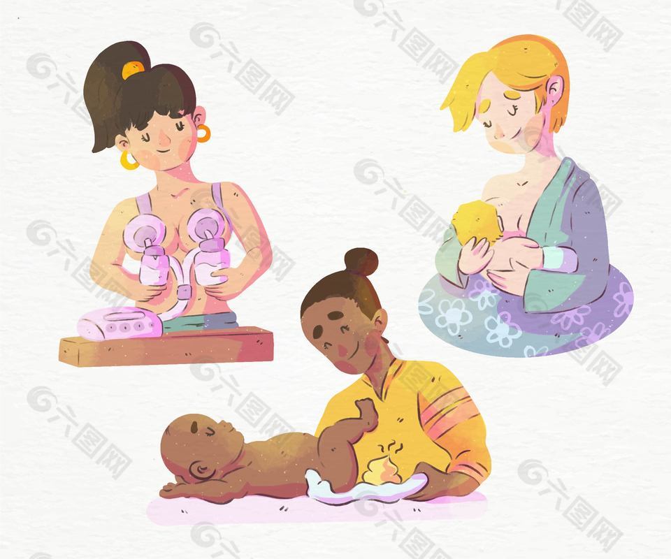 宝妈哺乳带娃主题插画