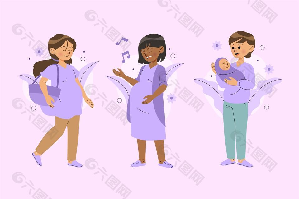 紫色背景孕妇插画设计