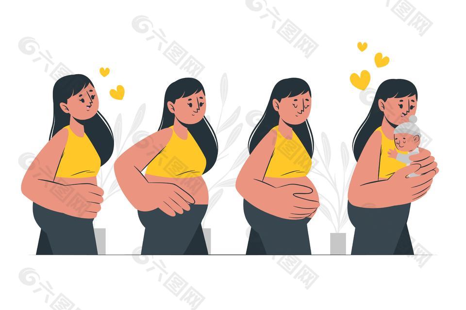孕妇怀孕过程矢量插画