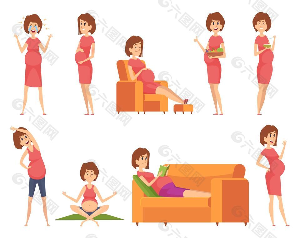 怀孕妇女孕期生活插画