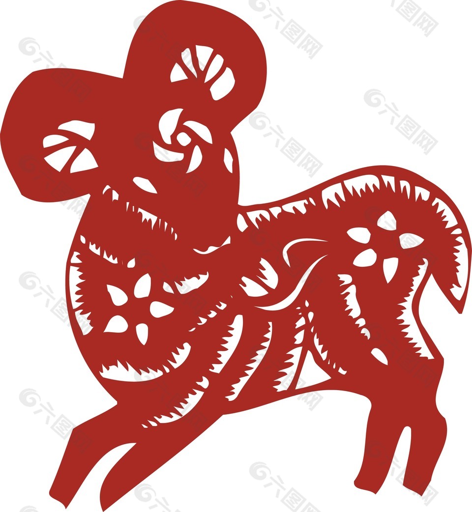 红色动物剪纸插画模板羊