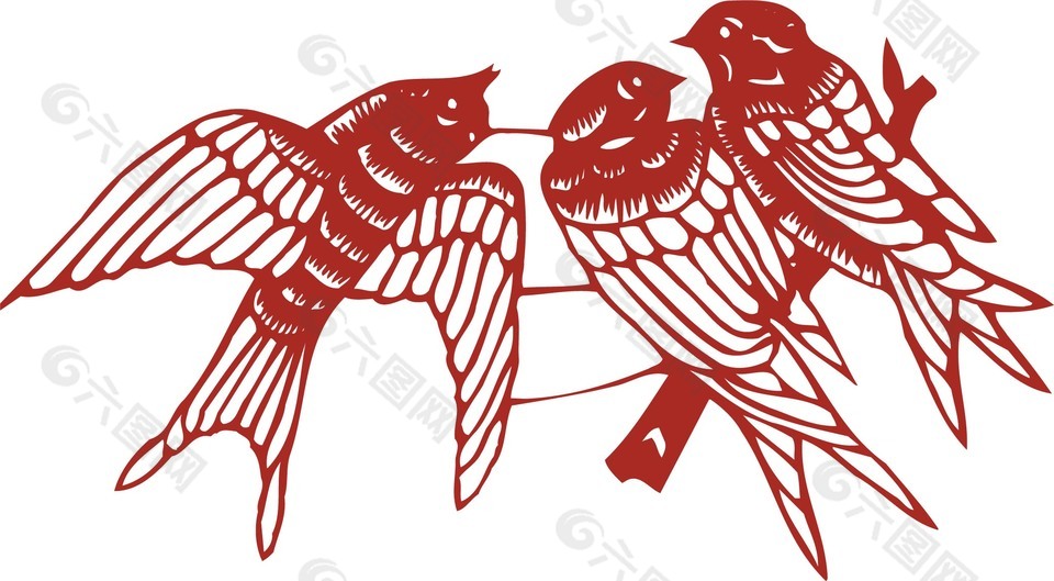 红色鸟动物剪纸图案