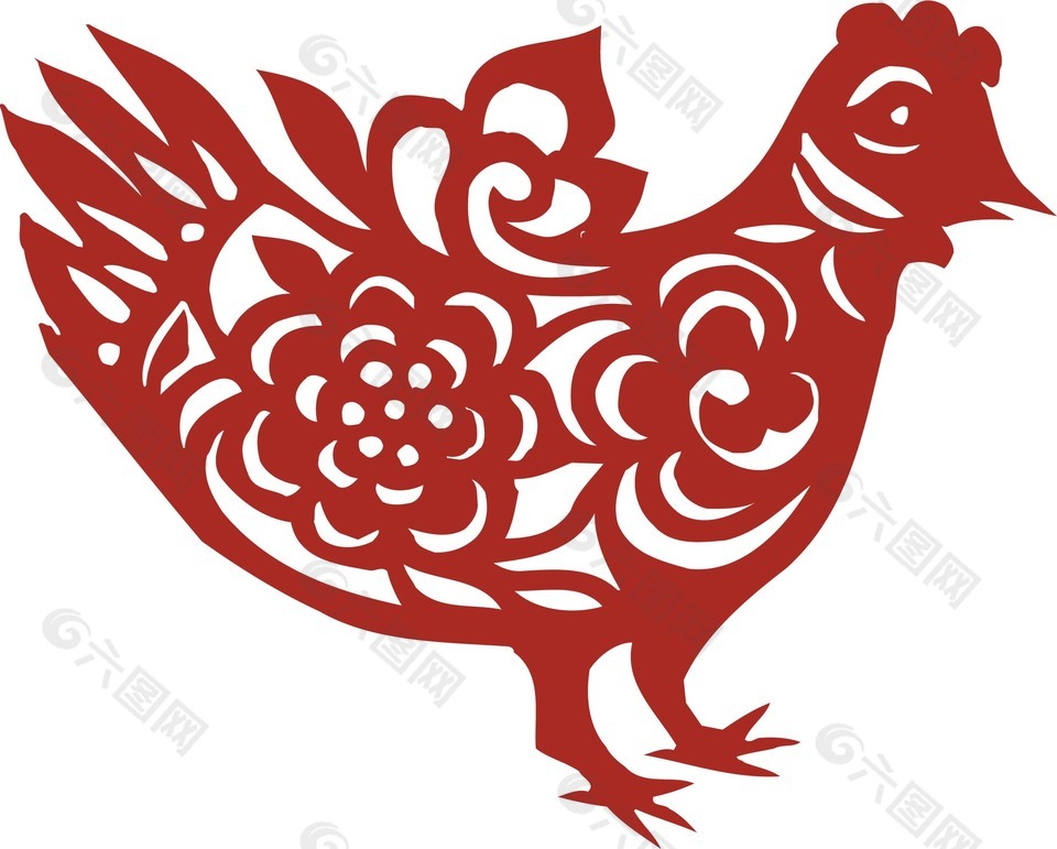 红色动物剪纸插画鸡