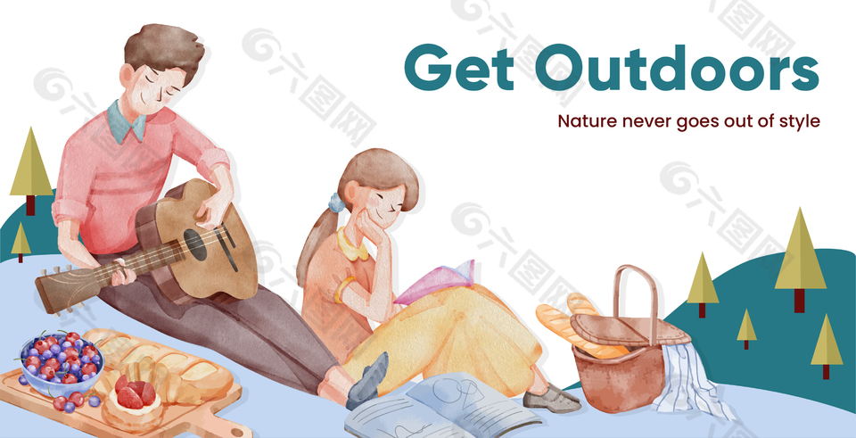 森系情侣露营插画