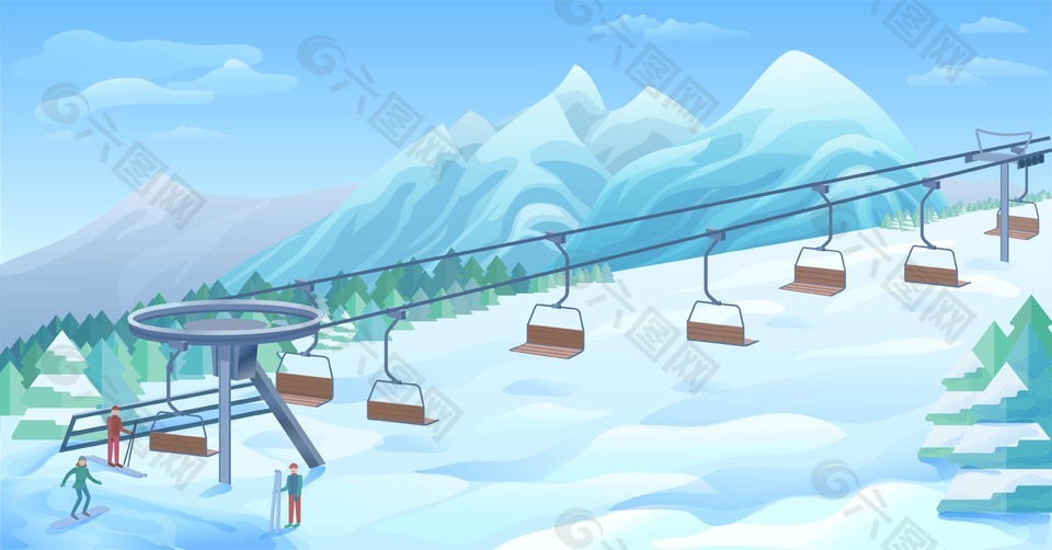 山顶雪景缆车风景插画
