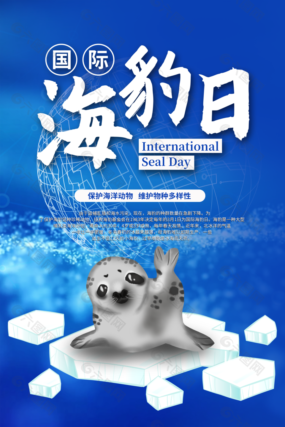 蓝色简约国际海豹日保护海洋生物海报
