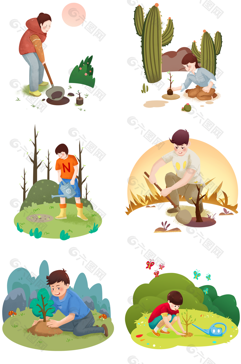 精美手绘风植树节种树插画素材合集