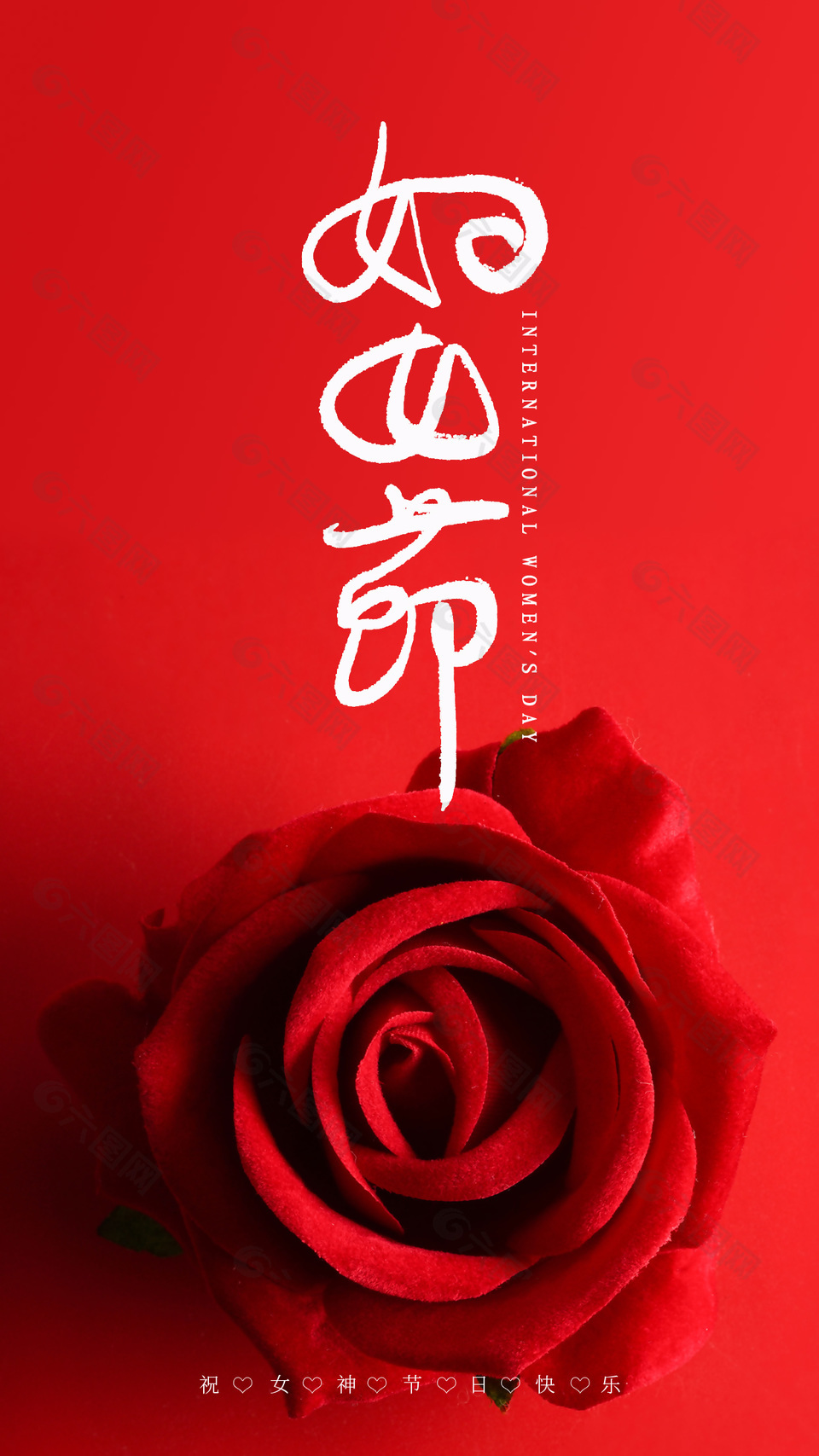 祝女神节日快乐红色玫瑰简约海报