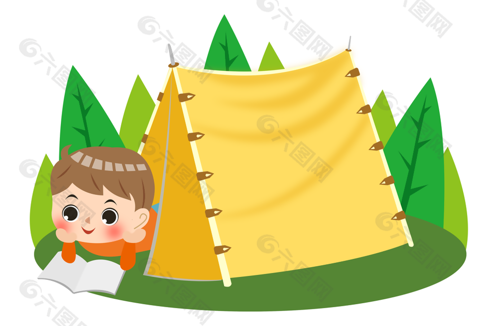 可爱手绘男孩野营帐篷看书插画素材下载