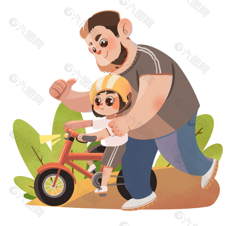 温馨卡通春季爸爸教孩子骑车插画素材