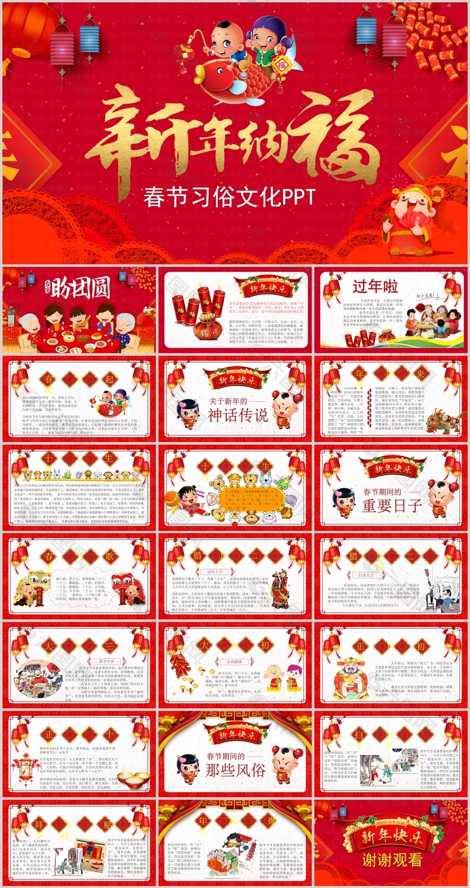 卡通喜庆春节习俗文化宣传PPT模板