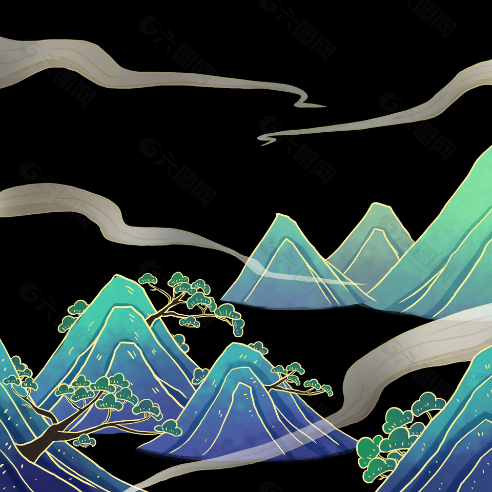山水插画国风简约设计元素