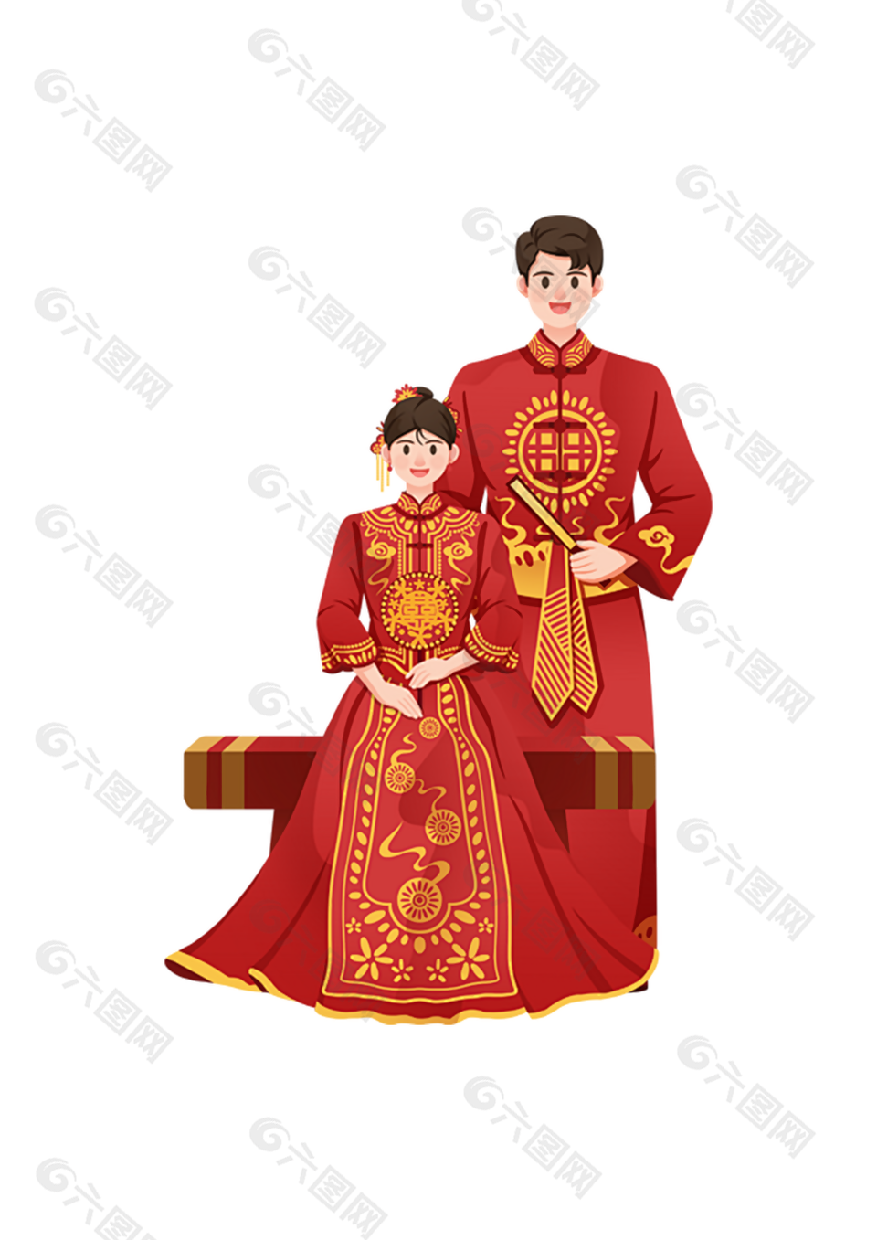 卡通手绘中式新郎新娘婚礼插画素材