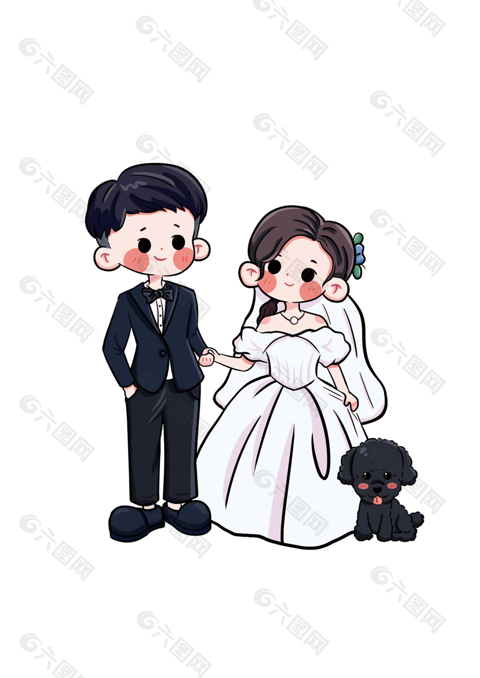 可爱Q版手绘新郎新娘宠物狗新婚素材