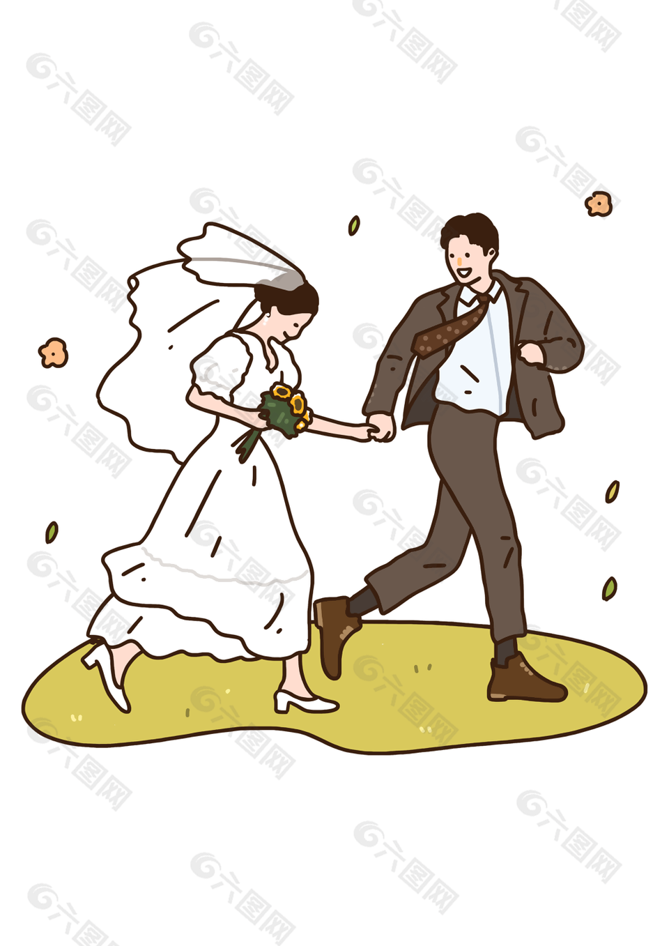 幸福手绘新郎新娘手拉手白色婚纱插画素材