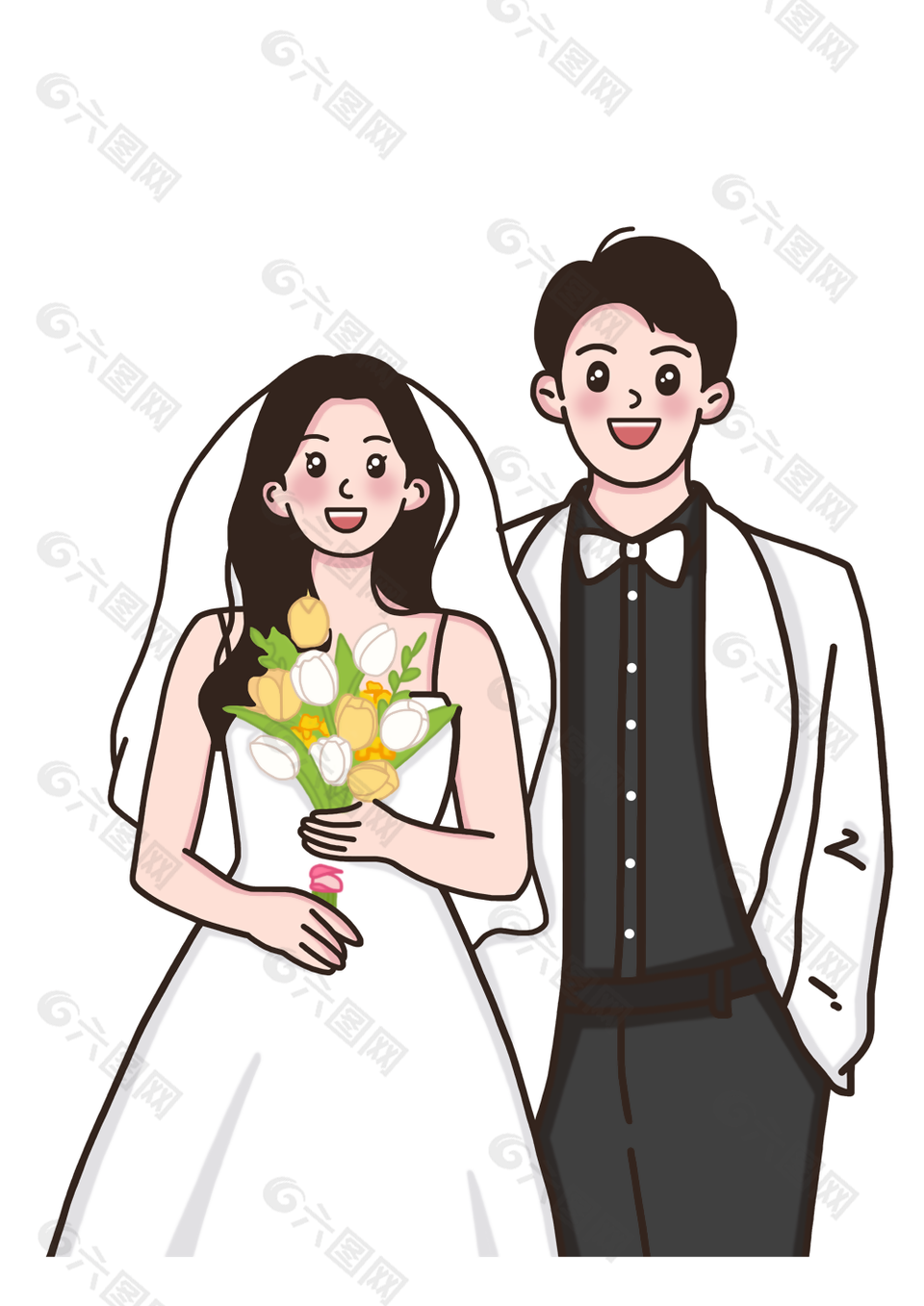 简约风新郎新娘结婚白婚纱插画素材