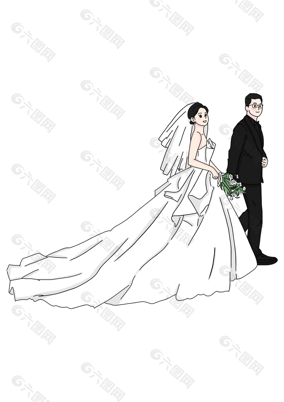 大气简约手绘新郎新娘婚礼插画素材